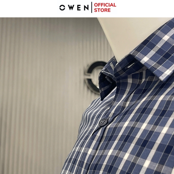 Áo Sơ Mi Nam Tay Dài Owen AS240501D màu xanh đậm kẻ caro dáng ôm slim fit tà lượn không túi chất liệu bambo poly