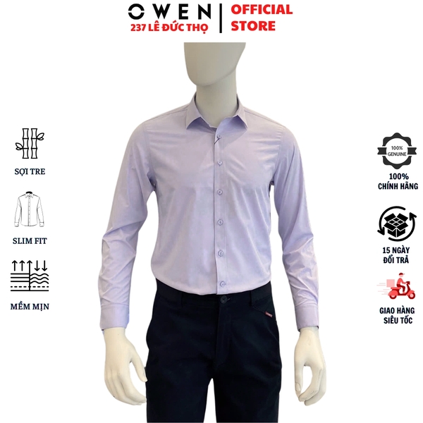 Áo sơ mi nam tay dài Owen AS250023D màu tím nhạt dáng ôm slim fit tà lượn không túi Chất liệu Bamboo poly