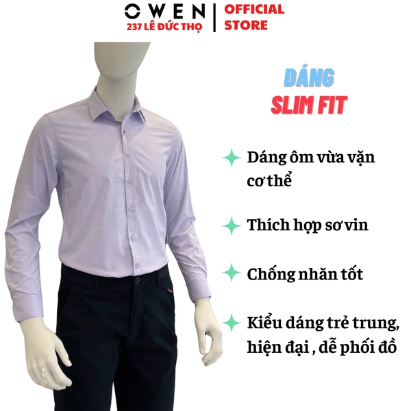 Áo sơ mi nam tay dài Owen AS250023D màu tím nhạt dáng ôm slim fit tà lượn không túi Chất liệu Bamboo poly