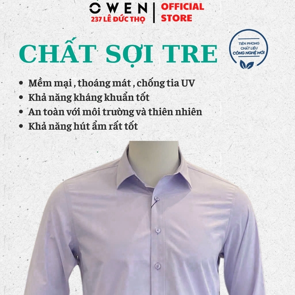 Áo sơ mi nam tay dài Owen AS250023D màu tím nhạt dáng ôm slim fit tà lượn không túi Chất liệu Bamboo poly