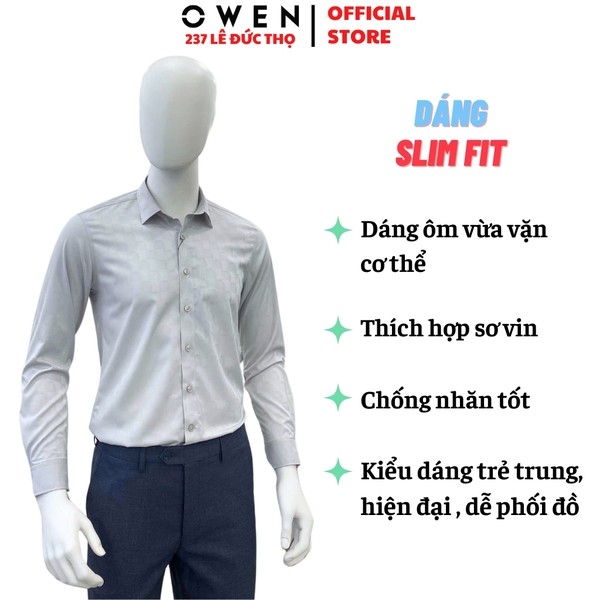 Áo Sơ Mi Nam Tay Dài Owen AS250030D màu xám dáng ôm slim fit tà lượn không túi Chất liệu Bambo poly
