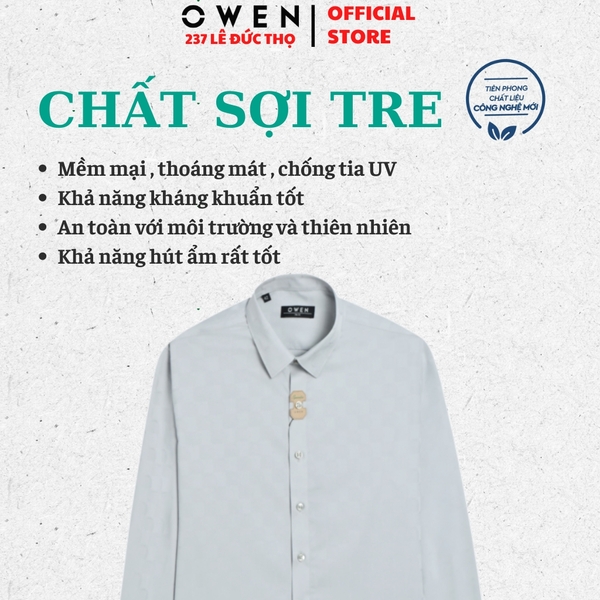 Áo Sơ Mi Nam Tay Dài Owen AS250030D màu xám dáng ôm slim fit tà lượn không túi Chất liệu Bambo poly