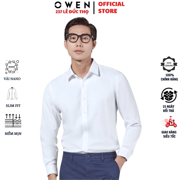 Áo sơ mi trắng nam tay dài Owen AS250302D Màu trắng trơn dáng ôm slim fit tà lượn không túi chất liệu Nano