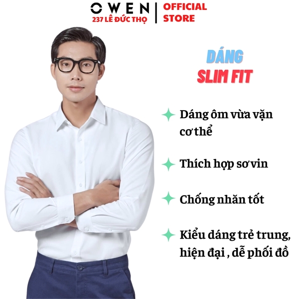 Áo sơ mi trắng nam tay dài Owen AS250302D Màu trắng trơn dáng ôm slim fit tà lượn không túi chất liệu Nano