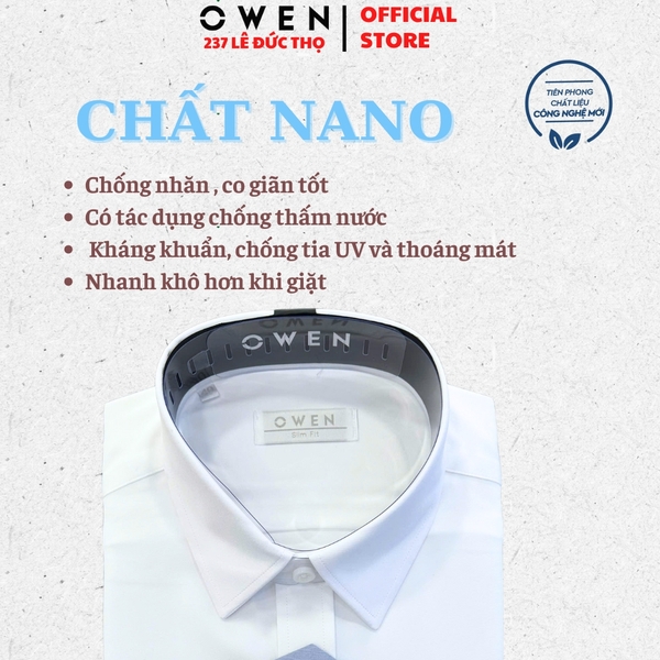 Áo sơ mi trắng nam tay dài Owen AS250302D Màu trắng trơn dáng ôm slim fit tà lượn không túi chất liệu Nano