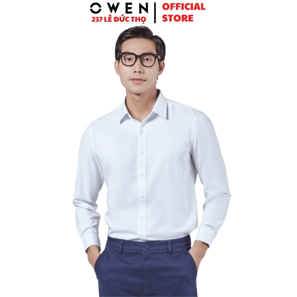 Áo sơ mi trắng nam tay dài Owen AS250302D Màu trắng trơn dáng ôm slim fit tà lượn không túi chất liệu Nano