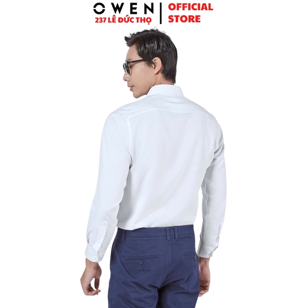 Áo sơ mi trắng nam tay dài Owen AS250302D Màu trắng trơn dáng ôm slim fit tà lượn không túi chất liệu Nano