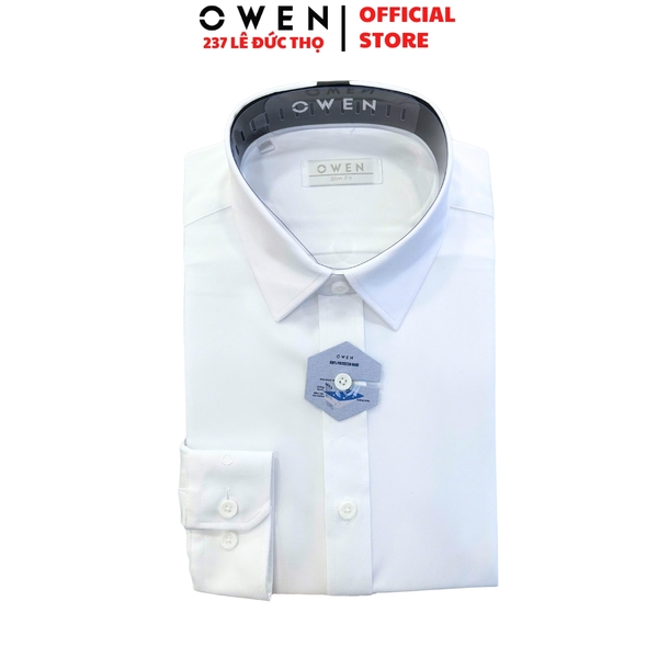 Áo sơ mi trắng nam tay dài Owen AS250302D Màu trắng trơn dáng ôm slim fit tà lượn không túi chất liệu Nano