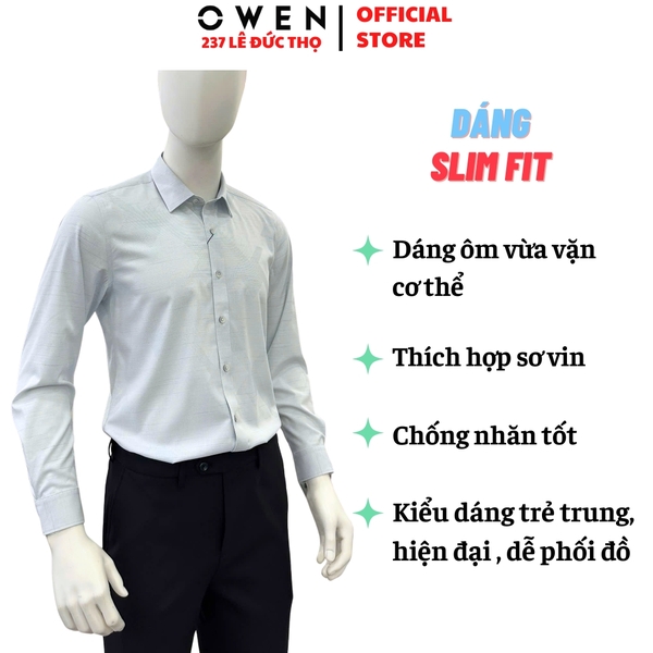 Áo Sơ mi nam tay dài Owen AS255091D màu xám nhạt họa tiết dáng ôm slim fit là lượn không túi chất liệu bamboo poly