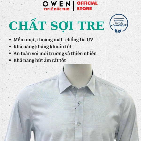 Áo Sơ mi nam tay dài Owen AS255091D màu xám nhạt họa tiết dáng ôm slim fit là lượn không túi chất liệu bamboo poly