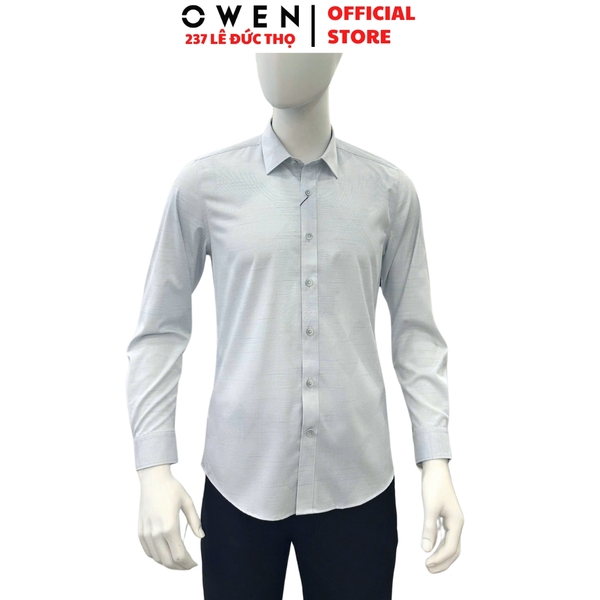 Áo Sơ mi nam tay dài Owen AS255091D màu xám nhạt họa tiết dáng ôm slim fit là lượn không túi chất liệu bamboo poly