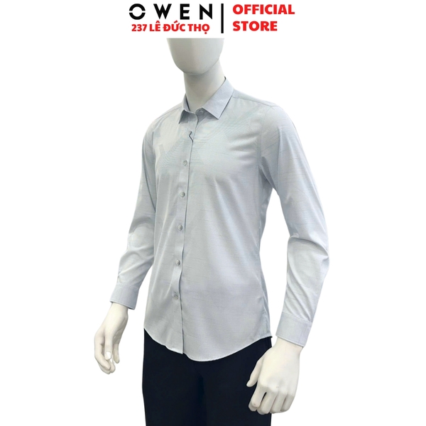 Áo Sơ mi nam tay dài Owen AS255091D màu xám nhạt họa tiết dáng ôm slim fit là lượn không túi chất liệu bamboo poly