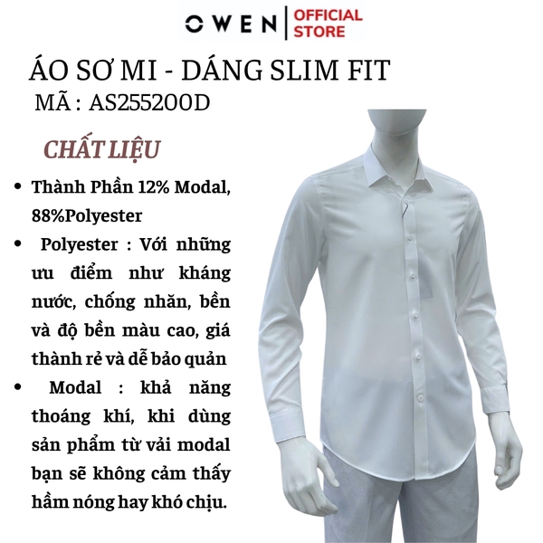 Áo sơ mi trắng nam tay dài Owen AS255200D màu trắng trơn dáng ôm slim fit tà lượn không túi chất liệu sợi sồi