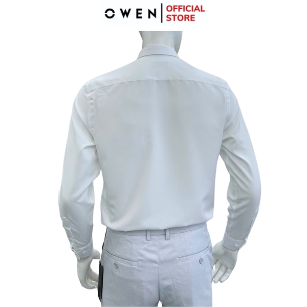 Áo sơ mi trắng nam tay dài Owen AS255200D màu trắng trơn dáng ôm slim fit tà lượn không túi chất liệu sợi sồi