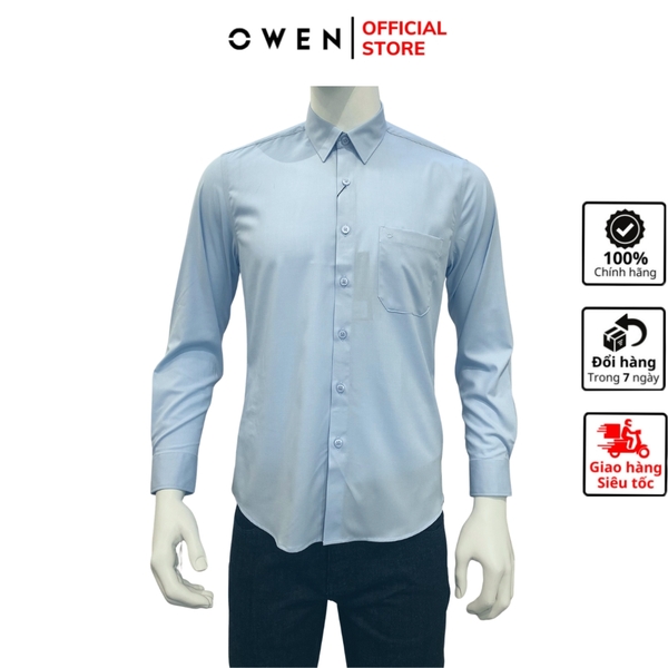 Áo Sơ Mi Nam Tay Dài Owen AR230540DT màu dobby xanh nhạt dáng regular fit tà lượn có túi vải sợi tre