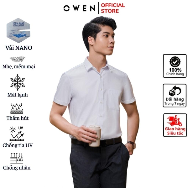 Áo Sơ Mi Nam Tay Ngắn Owen AB230320NT (AB250303NT) màu trắng dáng body fit tà bằng có túi vải nano