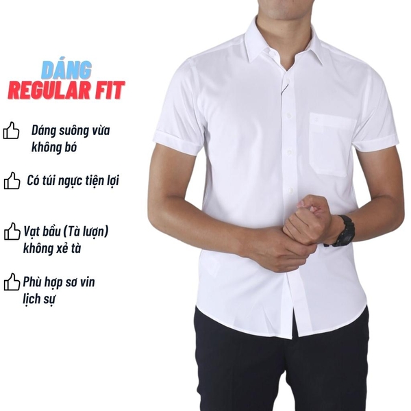 Áo Sơ Mi Trắng Nam Tay Ngắn Owen AR250311NT (AR230317NT - AR240110NT) màu trắng trơn dáng regular fit tà lượn có túi vải nano