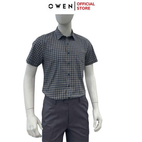 Áo sơ mi nam tay ngắn Owen AB250063NT màu vàng kẻ xanh tím than dáng suông body fit tà bằng có túi chất liệu bambo poly