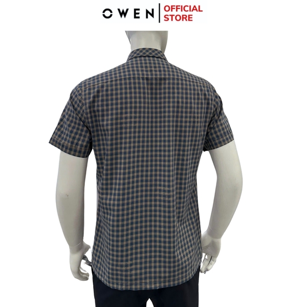 Áo sơ mi nam tay ngắn Owen AB250063NT màu vàng kẻ xanh tím than dáng suông body fit tà bằng có túi chất liệu bambo poly