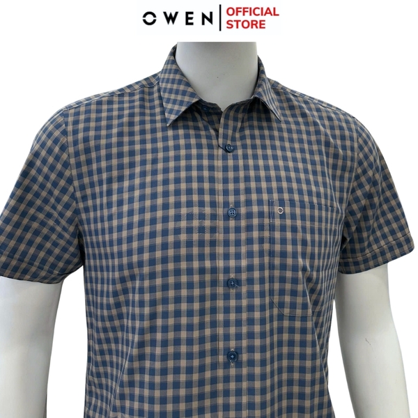 Áo sơ mi nam tay ngắn Owen AB250063NT màu vàng kẻ xanh tím than dáng suông body fit tà bằng có túi chất liệu bambo poly