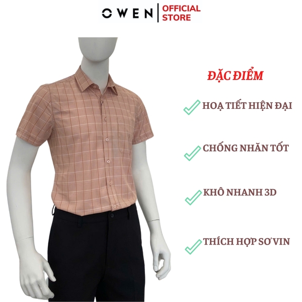 Áo sơ mi nam tay ngắn Owen AB250067NT màu be đậm kẻ caro dáng suông body fit tà lượn có túi Chất liệu bamboo poly