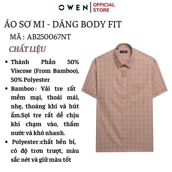 Áo sơ mi nam tay ngắn Owen AB250067NT màu be đậm kẻ caro dáng suông body fit tà lượn có túi Chất liệu bamboo poly