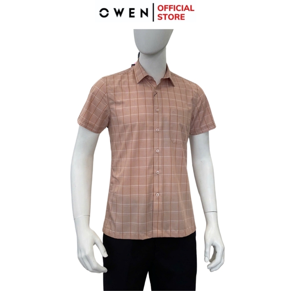 Áo sơ mi nam tay ngắn Owen AB250067NT màu be đậm kẻ caro dáng suông body fit tà lượn có túi Chất liệu bamboo poly