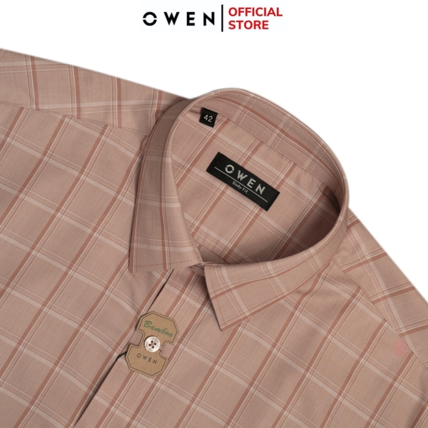Áo sơ mi nam tay ngắn Owen AB250067NT màu be đậm kẻ caro dáng suông body fit tà lượn có túi Chất liệu bamboo poly