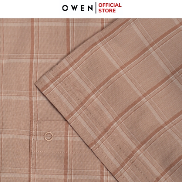 Áo sơ mi nam tay ngắn Owen AB250067NT màu be đậm kẻ caro dáng suông body fit tà lượn có túi Chất liệu bamboo poly