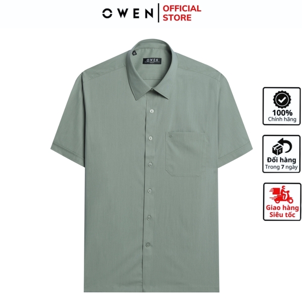 Áo sơ mi nam tay ngắn Owen AB250090NT màu xanh rêu dáng suông body fit tà bằng có túi chất liệu viscose milk