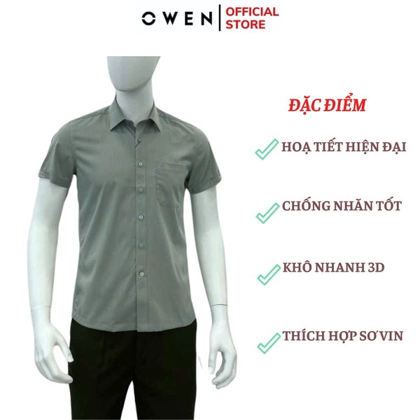 Áo sơ mi nam tay ngắn Owen AB250090NT màu xanh rêu dáng suông body fit tà bằng có túi chất liệu viscose milk