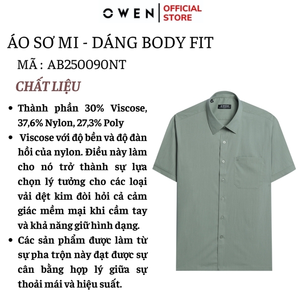 Áo sơ mi nam tay ngắn Owen AB250090NT màu xanh rêu dáng suông body fit tà bằng có túi chất liệu viscose milk