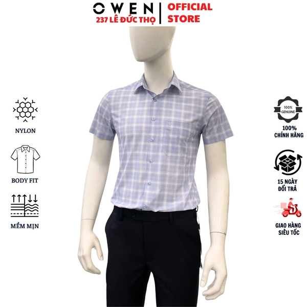 Áo sơ mi nam tay ngắn Owen AB260047NT màu xanh nhạt kẻ dáng suông body fit tà bằng có túi chất liệu nylon spandex
