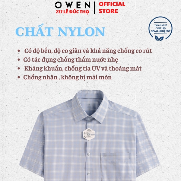 Áo sơ mi nam tay ngắn Owen AB260047NT màu xanh nhạt kẻ dáng suông body fit tà bằng có túi chất liệu nylon spandex