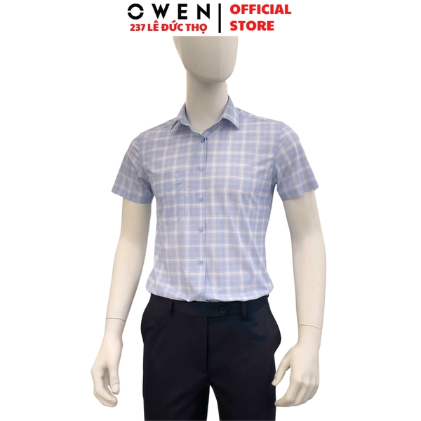Áo sơ mi nam tay ngắn Owen AB260047NT màu xanh nhạt kẻ dáng suông body fit tà bằng có túi chất liệu nylon spandex