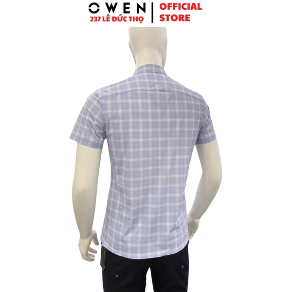 Áo sơ mi nam tay ngắn Owen AB260047NT màu xanh nhạt kẻ dáng suông body fit tà bằng có túi chất liệu nylon spandex