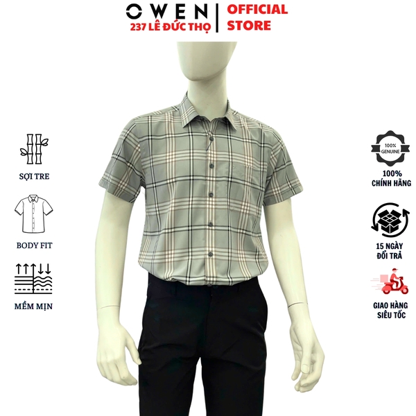 Áo sơ mi nam tay ngắn Owen AB260098NT màu xám xanh kẻ caro dáng suông body fit tà bằng có túi chất liệu Bamboo polyester