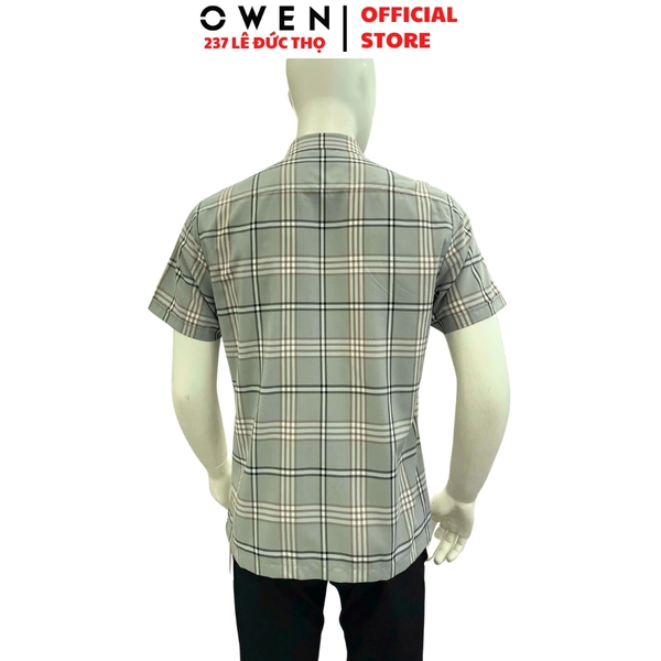 Áo sơ mi nam tay ngắn Owen AB260098NT màu xám xanh kẻ caro dáng suông body fit tà bằng có túi chất liệu Bamboo polyester