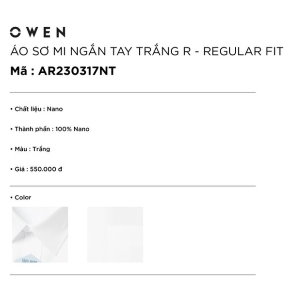 Áo Sơ Mi Trắng Nam Tay Ngắn Owen AR250311NT (AR230317NT - AR240110NT) màu trắng trơn dáng regular fit tà lượn có túi vải nano