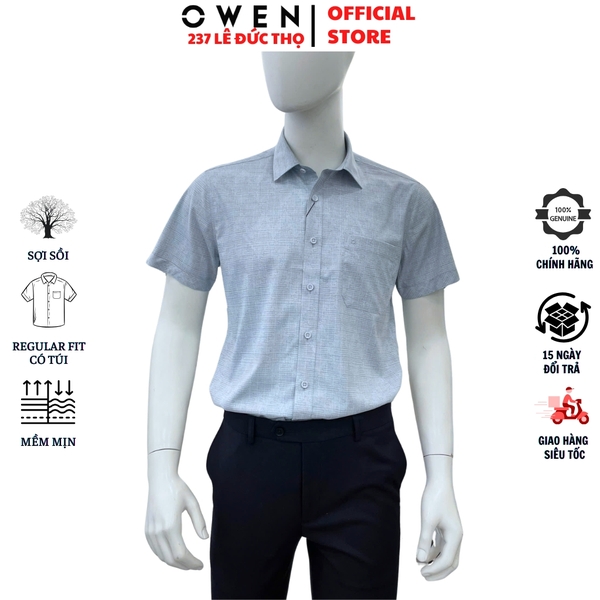 Áo sơ mi nam tay ngắn Owen AR260042NT màu xanh họa tiết dáng suông regular fit tà lượn có túi chất liệu modal polyester