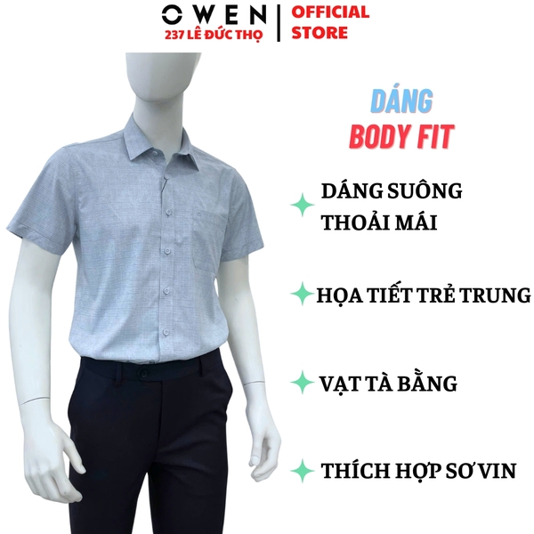 Áo sơ mi nam tay ngắn Owen AR260042NT màu xanh họa tiết dáng suông regular fit tà lượn có túi chất liệu modal polyester