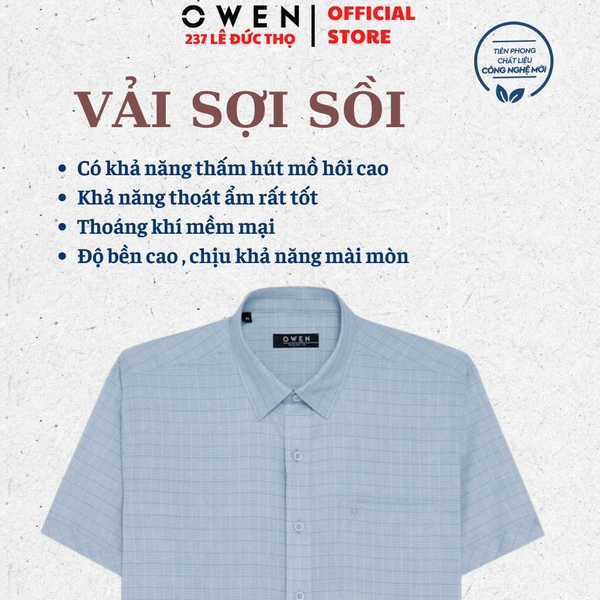 Áo sơ mi nam tay ngắn Owen AR260042NT màu xanh họa tiết dáng suông regular fit tà lượn có túi chất liệu modal polyester