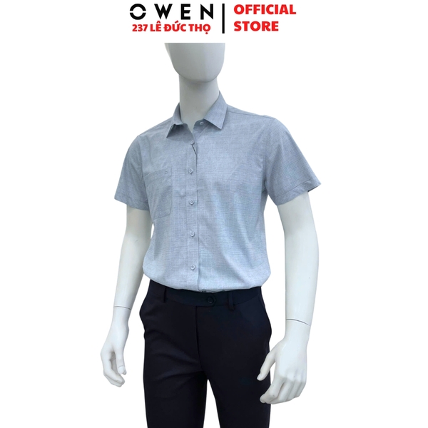 Áo sơ mi nam tay ngắn Owen AR260042NT màu xanh họa tiết dáng suông regular fit tà lượn có túi chất liệu modal polyester