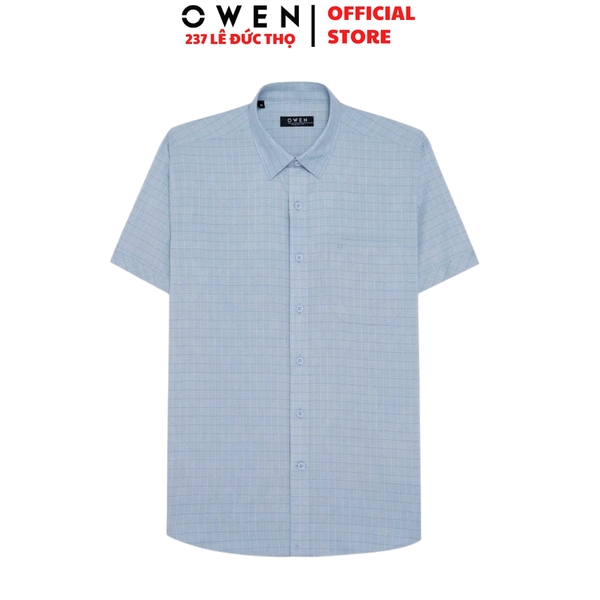 Áo sơ mi nam tay ngắn Owen AR260042NT màu xanh họa tiết dáng suông regular fit tà lượn có túi chất liệu modal polyester
