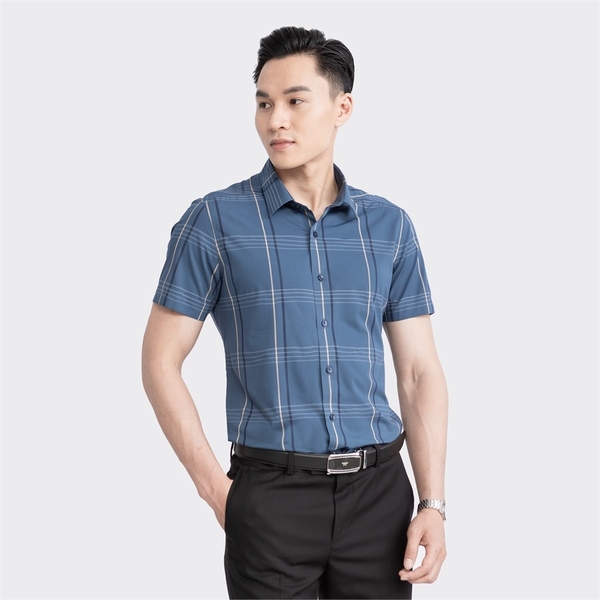 Áo Sơ Mi Nam Ngắn Tay Aristino ASS023S3 Xanh tím than kẻ vàng