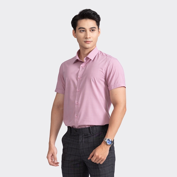 Áo Sơ Mi Nam Ngắn Tay Aristino ASS009S2 Màu Hồng Kẻ Dobby Vải Sợi Sồi Dáng Ôm Tà Lượn Không Túi