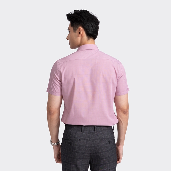 Áo Sơ Mi Nam Ngắn Tay Aristino ASS009S2 Màu Hồng Kẻ Dobby Vải Sợi Sồi Dáng Ôm Tà Lượn Không Túi