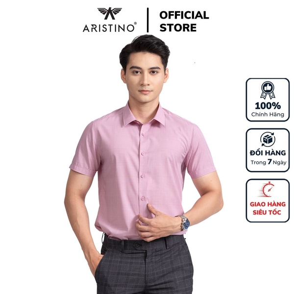 Áo Sơ Mi Nam Ngắn Tay Aristino ASS009S2 Màu Hồng Kẻ Dobby Vải Sợi Sồi Dáng Ôm Tà Lượn Không Túi