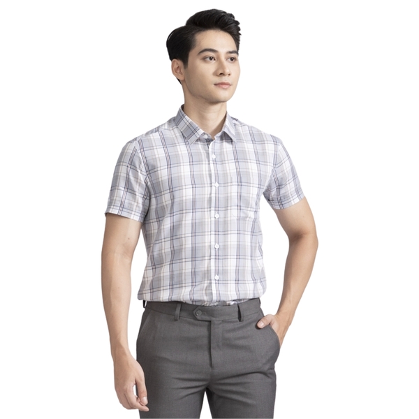 Áo Sơ Mi Nam Ngắn Tay Aristino ASS021S2 màu trắng kẻ caro xám vàng
