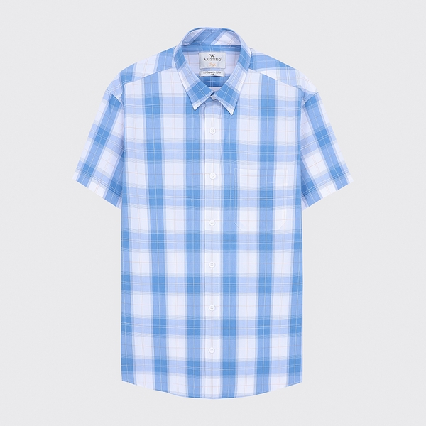 Áo Sơ Mi Nam Ngắn Tay Aristino ASS023S2 Màu trắng kẻ caro xanh Vải Sợi Tre Dáng Suông Tà Lượn Có Túi